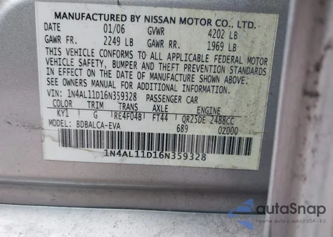 2006 Nissan Altima 2.5 S from USA, damaged, VIN 1N4AL11D16N359328